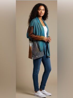 3 Potato Colorful Artistic Open Front Draped Cardigan Teal, Rust, Gray Blend XL